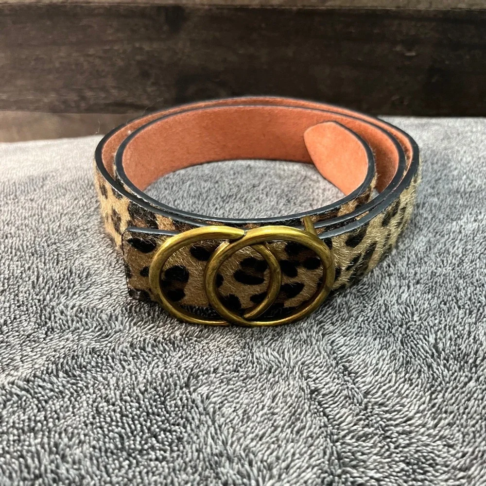 Leopard Print Calf Hair Belt Double O-Ring Gold Buckle Boho Western Cowgirl